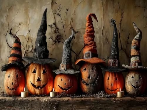 Mosaflare 5D Pumpkin Witch Hat Diamond Painting Kits for Adults 12x16 Inch | Halloween Diamond Art for Beginners, DIY Full Round Drill Paint by Diamonds Dot Gem Art for Adult, Home Wall Decor - color: KM1237-1
