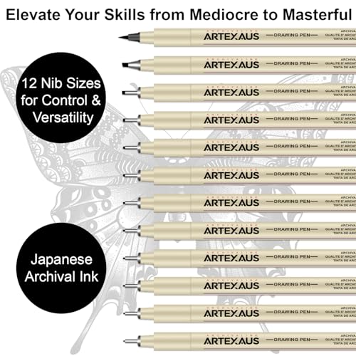 Micro Fineliner Drawing Art Pens, 12 Assorted Sizes, Waterproof Archival Ink, Art Supplies for Adults Sketching, Calligraphy, Technical Illustrators.