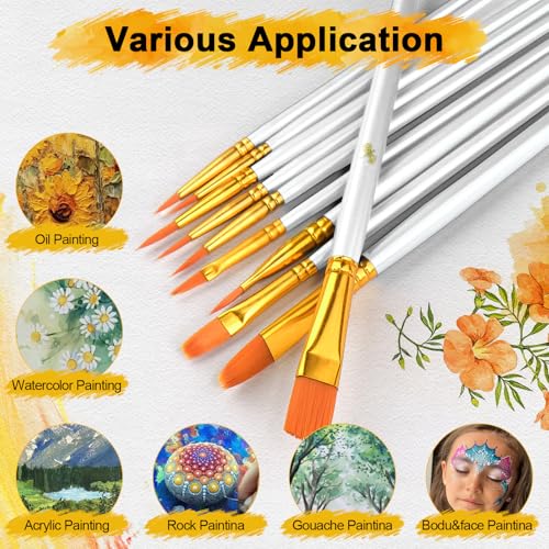 Acrylic Paint Brushes Set, 50Pcs Round Pointed Tip Artist Paintbrushes for Acrylic Painting Oil Watercolor Canvas Boards Rock Body Face Nail Art, Halloween Pumpkin Ceramic Crafts Supplies，White - color: White, size: 5 Pack