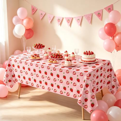 4 Pack Pink Strawberry Tablecloth Strawberry Table Clothes Berry Tablecloth Berry Table Covers Fruit Birthday Party Table Cover for Summer Beach Pool Party Supply 51 x 86 Inch