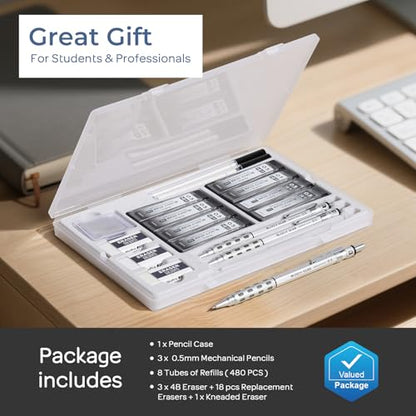 Nicpro 3 Pack Blocky Gear 0.5 mm Metal Mechanical Pencils Set with Case | Lead Drafting Pencil with 480PCS Lead Refills(HB 2B), 4 Erasers, 18 Eraser Refills for Art Writing, Sketching Drawing - style: 0.5mm