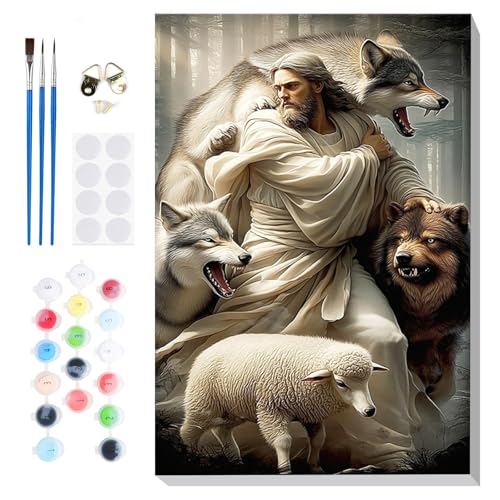 Bowetile Framed Jesus Paint by Numbers Kit for Adults, Adults' Paint-by-Number Lamb Kits on Canvas, Painting by Numbers Wolves, DIY Acrylic Number Painting for Home Wall Decor, 8x12in - color: Jesus,Lamb,Wolves