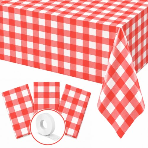 Blue Orchards Red Gingham Table Cover (Pack of 3 with 20 Glue dots) - 54"x108" XL - Red and White Checkered Picnic Plaid Tablecloth, Plastic Rectangle Decoration for Outdoor Birthday Party Supplies - color: Red Gingham (Pack of 3)