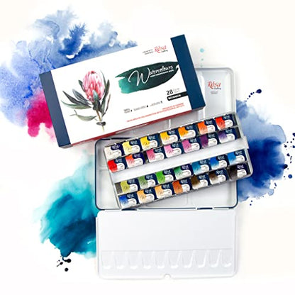 ROSA Gallery Botanical Watercolor Paint Set, Vibrant Kit Designed by Professional Artists, Washable, High Lightfastness Pigments, Made in Ukraine, Packed in Metal Paint Box, 28 Ct.