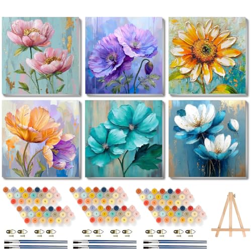 Canrichshop 6 Pack Paint by Numbers Kit for Adults,Framed Adults Painting by Numbers Kits with Wooden Easel, DIY Flowers Acrylic Oil Painting Number Kits for Wall Decor 8x8 inch - color: BKH2611~BKH2616