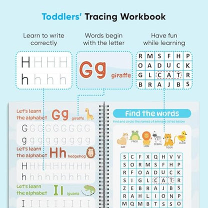 Kiddospace Handwriting Practice Kit - Handwriting Workbook - Includes 4 Reusable Workbooks for Math, Numbers, Alphabet & Drawing -Handwriting Practice Books for Kids - Disappearing Ink Pen Included