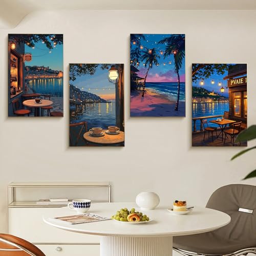 4 Pack Framed Paint by Numbers Kit for Adults Coffee with Wooden Easel | With Frame Canvas 8x12 IN, For Adults Beginner, DIY Acrylic Painting Landscape, Stress Relief Craft Kit, Home Wall Decor Gift - color: FOP4P-08