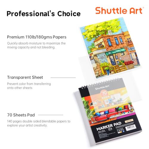 Shuttle Art Marker Pad, 70 Sheets, Spiral-Bound, 12”x9”, 110LB/180GSM Paper | Portable Sketchbook, Smooth Surface, Alcohol Markers Bleedproof Art Paper Great for Artists to Draw, Paint & Sketch - size: 12x9 inch