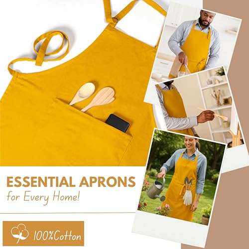 Native Fab Kitchen Apron 2 Pack - 100% Cotton Adjustable, Durable Apron with Pockets, Perfect for Cooking, Baking, Grilling - color: Mustard Yellow