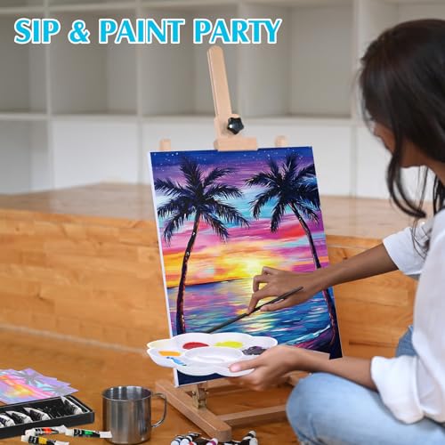 Cholemy 8 Set Paint and Sip Kit for Adults 8'' x 10'' Pre Drawn Canvas with Wooden Easels Acrylic Paint Brushes Wash Cup Palette Apron for Painting DIY Date Night Party Supplies(Sunset) - style: Sunset