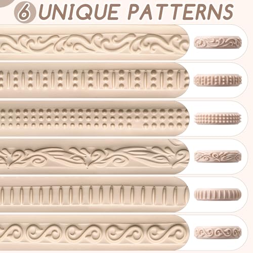 AceOrbit 6 pcs Clay Texture Rollers, for Modeling, Painting & Glaze Design, Pottery Tools Set