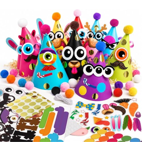 Glittery Garden Party Hats for Kids Art & Craft. Fun Birthday Activity Kit with Stickers. Animal Theme Party Favor, Game Supplies. Christmas, Thanksgiving, Easter Decoration - color: Multicolor 12 Hats