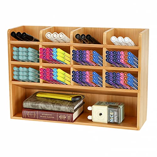 Dicunoy Desktop Pen Holder Organizer, Bamboo Art Supply Storage Caddy Holds 300 Pencils, 13 Compartments Thick Pencil Holder Box for Color Pencils, School, Classroom, Office