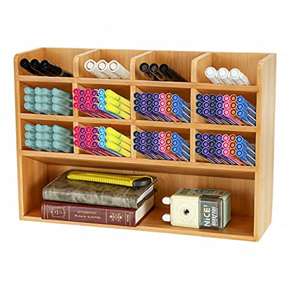 Dicunoy Desktop Pen Holder Organizer, Bamboo Art Supply Storage Caddy Holds 300 Pencils, 13 Compartments Thick Pencil Holder Box for Color Pencils, School, Classroom, Office
