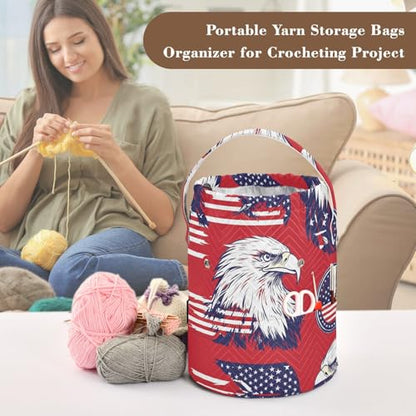 American Flag Bald Eagle Red Yarn Bag Small Crochet Bag Drawstring Yarn Storage Organizer Knitting Project Bags Potable Yarn Holder with Holes Handle Crocheting Needles Knitting Accessories - color: American Flag Bald Eagle Red