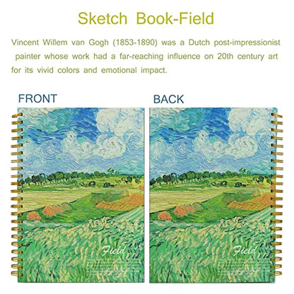 Van Gogh Aesthetic Art Mixed Media Sketchbook,A4 Spiral-Bound SketchbookMarker Paper Pad, 80 Pages of Premium 200 GSM Smooth Thick Paper, Mixed Media Sketch Book Drawing and Sketching for Kids Adults - color: Green Wheat Fields A4