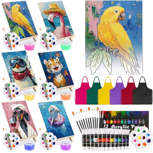 Cholemy 6 Set Paint and Sip Kit for Adults 8"x 10" Pre Drawn Canvas Painting with Wooden Easel Acrylic Paint Wash Cup Brushes Palette Apron for Painting DIY Adult's Date Party Supplies(Cool Animals) - style: Cool Animals