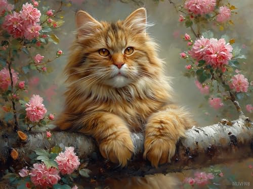 MIJVFNB Cross-Stitch Stamped Kits, Maine Coon on a Branch, Embroidery Crafts Needlepoint Kit, Beginners Starter Kits, DIY Handmade Gifts 11CT 3 Strands 12x16 inch