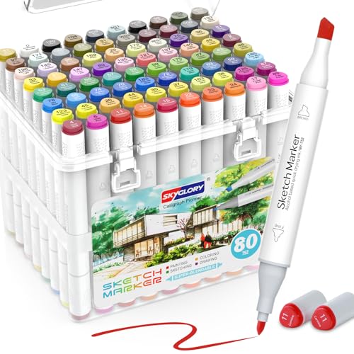 80 color liquor base mark, double pointed (chisel and fine) permanent painting mark, suitable for adult coloring books, sketches, illustrations, with transparent box - color: Carrying Case 80 Colors