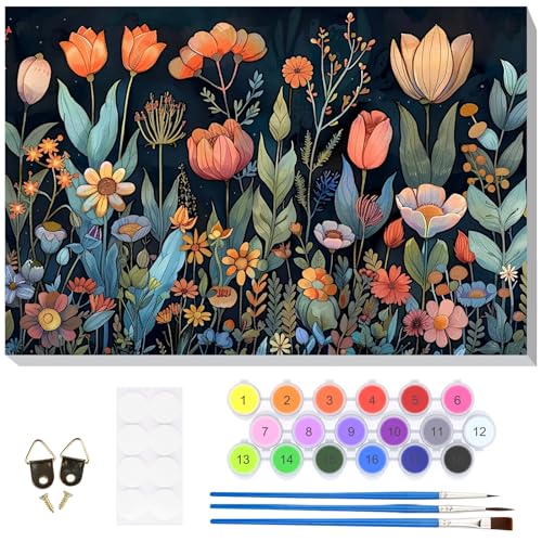 HEIBAGO Framed Paint by Numbers Kit Flowers for Adults, Paint by Numbers for Adults Beginner, Adult Paint by Number Kits on Canvas, DIY Painting by Numbers for Gift Home Wall Decor 12 x 8 Inch - color: Flowers-3