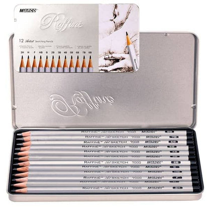 Raffine Artist Graphite Pencils Set for Drawing, Sketching, Writing, Tin Gift Box, 12 Degree Set -2H, H, F, HB, B, 2B, 3B, 4B, 5B, 6B, 7B, and 8B (12 pc)