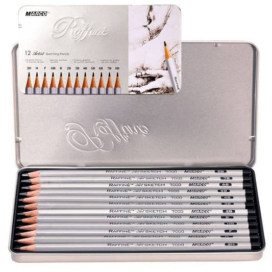 Raffine Artist Graphite Pencils Set for Drawing, Sketching, Writing, Tin Gift Box, 12 Degree Set -2H, H, F, HB, B, 2B, 3B, 4B, 5B, 6B, 7B, and 8B (12 pc)