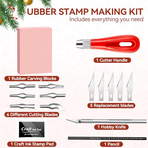 WAYCOM Linocut Kit for Beginners - 4x6 Soft Rubber Carving Block with Linoleum Cutter, Hobby Knife, Ink Pad & Pencil - Stamp Making & Block Printing Starter Set, DIY Craft Gift for Adults & Teens - color: Pale Pink-1 Rubber Block