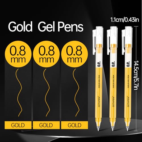 GETHPEN 3-Pack Gold Gel Pens, 0.8mm Fine Opaque Archival Ink Pens | Metallic Ink Pens for Black Paper Drawing, Sketching, Illustration, Bullet Journaling, Card Making - size: 1 Count (Pack of 3), style: 3 Pack Gold