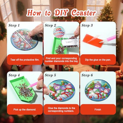 Zynlio Christmas Diamond Paintings Coasters Kits Set with Holder, Christmas Diamond Art, DIY Diamond Crafts Coasters for Adults, Diamond Art Painting Kits for Women, Beginners, Diamond Craft Supplies - color: christmas