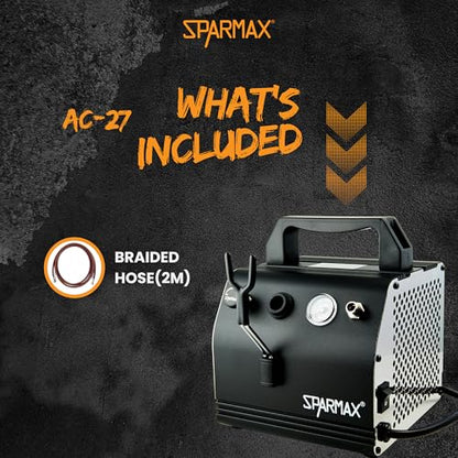Sparmax AC27 Airbrush Compact Compressor - Portable, Oil-Free Piston, Adjustable Pressure with Built-in Gauge & Airbrush Holder - for Makeup, Nail Art, Models, Crafts