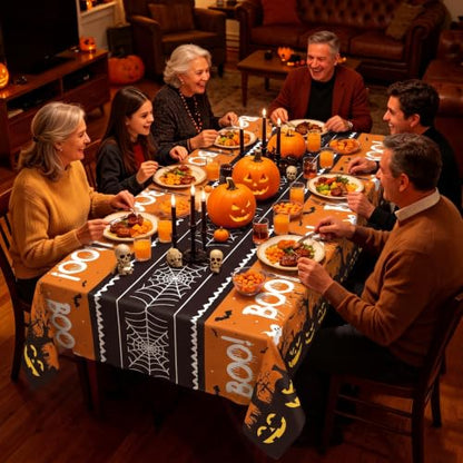 54IN X 160FT Halloween Plastic Table Cover Roll with Cutter Box, Cut to Size Plastic Table Cloths for Parties, Birthday, (BOOI Spider Web) - color: Booi Spider Web, size: 1920" x 54" (Rectangular)