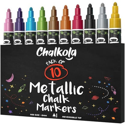 10 Metallic Chalkboard Markers for Blackboard - Window Chalk pens - 6mm Tip - size: Bold Tip - 6mm