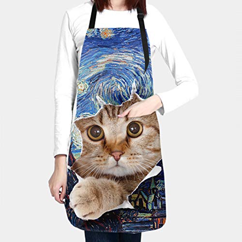 Funny Apron Polyester Grooming Aprons with Pocket for Cooking Kitchen Grilling Adults - color: Art Sky Cat