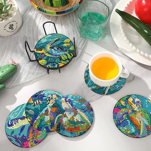 DOTSOPS 8 Pcs Ocean Diamond Art Coasters Kits for Adults with Holder 4 in - color: Ocean