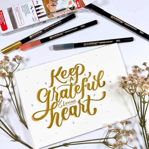 edding 1340 brush pen set - 4 pens - gold metallic, black, grey, apricot - flexible brush nib 1-6 mm - pens for lettering and drawing - high opacity even on darker paper - color: 02: Set of 4 - Metallic