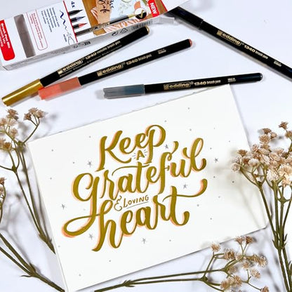 edding 1340 brush pen set - 4 pens - gold metallic, black, grey, apricot - flexible brush nib 1-6 mm - pens for lettering and drawing - high opacity even on darker paper - color: 02: Set of 4 - Metallic