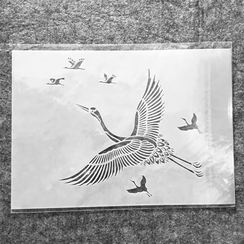 TIAMECH A4 Reusable Crane Stencil for Painting | Flying Bird Longevity Symbol Layering Template, DIY Wall Art, Furniture & Crafts (8.3x11.7inch) - style: Crane