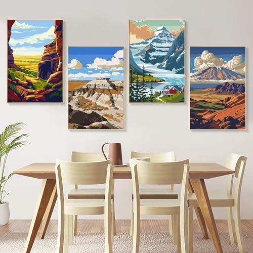 4 Pack National Park Paint by Numbers Kit for Adults Beginner Framed, Mountain Landscape Paint by Number Kits with Frame, DIY Acrylic Adult Paint by Number Kits on Canvas for Home Decor Gift 8x12 Inch - color: XM-OP-4P-F-NationalPark002-2030