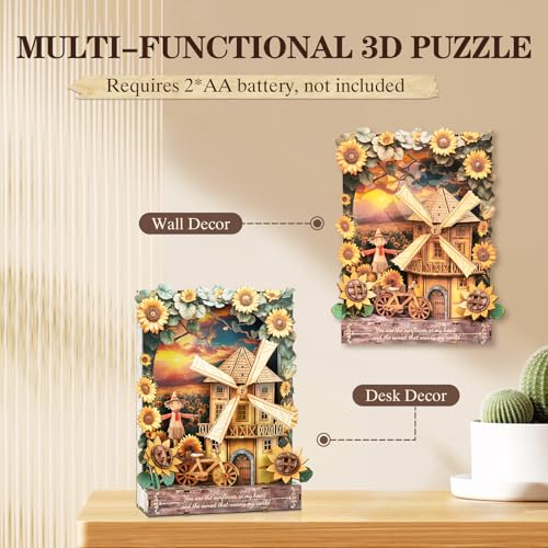 3D Puzzles for Adults Sunset Windmill Wooden Bloom Craft with LED Light - color: Sunflower-1