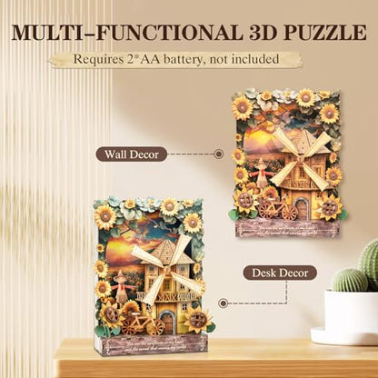 3D Puzzles for Adults Sunset Windmill Wooden Bloom Craft with LED Light - color: Sunflower-1