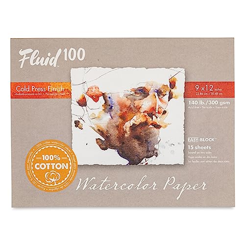 Fluid 100 Watercolor Paper Block, 9 x 12 inches, 15 Sheets, 140 lb (300 GSM) 100% Cotton Cold Press Pad for Artist Painting and Wet Media - size: 9 x 12 (140 lb)