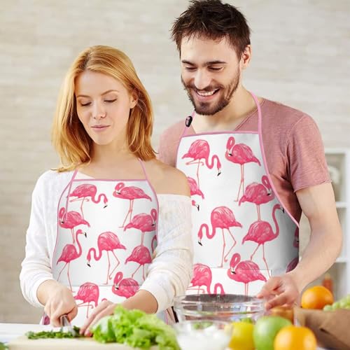 Apron with 2 Pockets,Kitchen Chef Artist Aprons for Cooking Gardening Baking Painting, Waterproof Apron 33" x 27" - color: Flamingo