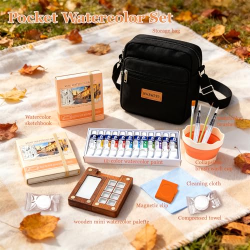 Mini Watercolor Paint Set Travel, Portable Pocket Watercolor Kit with Wooden Palette,Colours,Sketchbook, Brush&Water Cup,Clip.Complete Artist Supplies From Beginner Watercolors to Seasoned Pro Needs