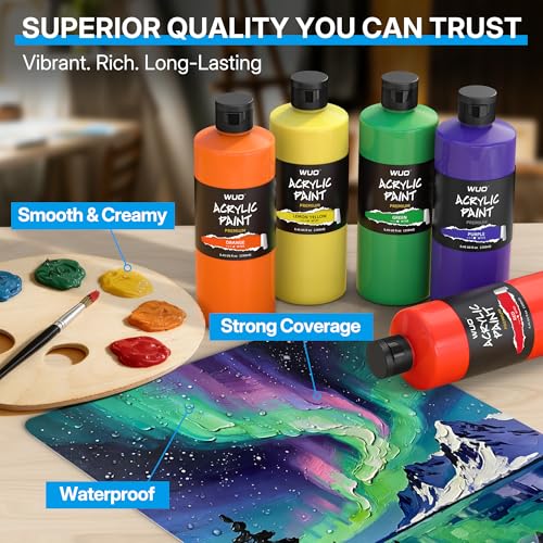 WUO 12 Colors Acrylic Paint Set, 250ml/8.45oz Bottles Artists Acrylic Paint | Large Bulk Rich Pigment Non-Toxic Waterproof Multi-Surface Painting Supplies for Beginners on Canvas Wood Rock Ceramic Crafts - color: 12 Colors