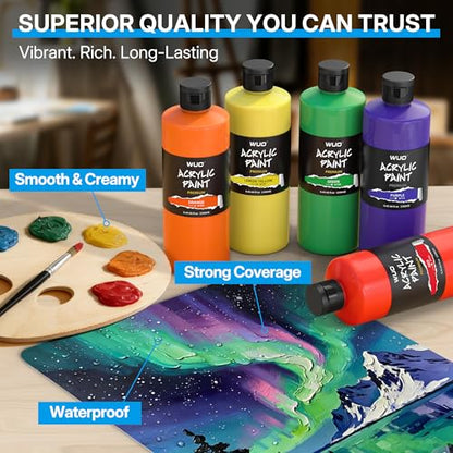 WUO 12 Colors Acrylic Paint Set, 250ml/8.45oz Bottles Artists Acrylic Paint | Large Bulk Rich Pigment Non-Toxic Waterproof Multi-Surface Painting Supplies for Beginners on Canvas Wood Rock Ceramic Crafts - color: 12 Colors
