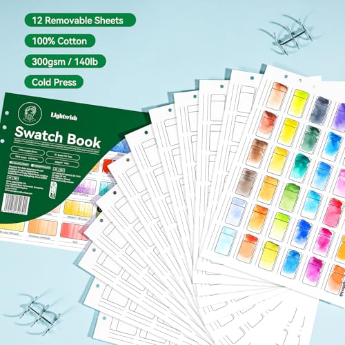 LIGHTWISH Watercolor Swatch Book - 12 Detachable 100% Cotton Sheets 36 Spaces,10.63 * 7.68 in,300gsm/140lb Cold Press for Watercolor, Gouache, Oil Pastels - Spiral-Bound Color Testing Journal - color: Green, size: 10.63*7.68 In