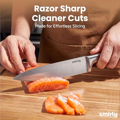 SMIRLY 15 Piece Knife Set with Block for Kitchen - Stainless Steel Knives | Heavy Duty Knife Block with Sharpener Rod, High Carbon Stainless Steel Knives, Dishwasher Safe, Ergonomic Handle