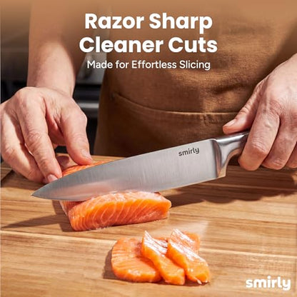 SMIRLY 15 Piece Knife Set with Block for Kitchen - Stainless Steel Knives | Heavy Duty Knife Block with Sharpener Rod, High Carbon Stainless Steel Knives, Dishwasher Safe, Ergonomic Handle