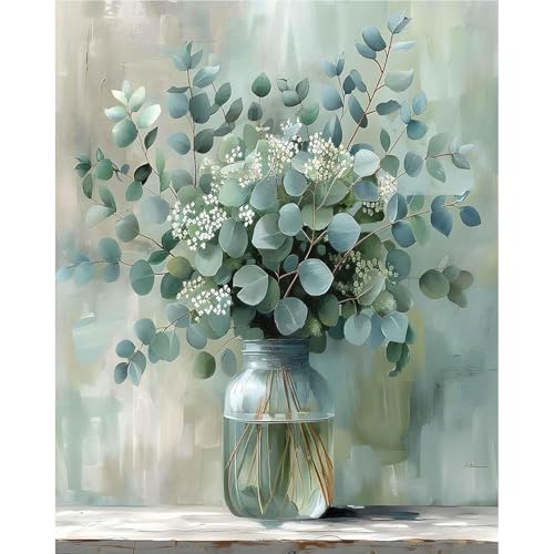 PHANTASYART Eucalyptus Flowers Paint by Numbers Kit for Adult 16x20inch | Flowers Paint by Number Canvas for Adults,DIY Paint by Numbers, Arts and Crafts for Adults, Home Wall Decor Gifts - color: Eucalyptus, size: 16x20inch