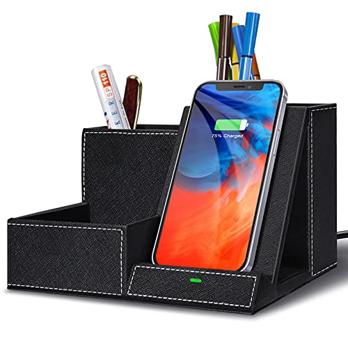 TopMade Wireless Charger with Desk Nightstand Organizer, PU Leather Pen Pencil Holder Fast Charging Station, Office Supplies for Iphone Charging Stand, Anniversary Birthday Gifts for Men(Black) - color: Black